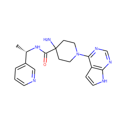 C[C@H](NC(=O)C1(N)CCN(c2ncnc3[nH]ccc23)CC1)c1cccnc1 ZINC000095585042