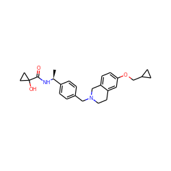 C[C@H](NC(=O)C1(O)CC1)c1ccc(CN2CCc3cc(OCC4CC4)ccc3C2)cc1 ZINC001772622976