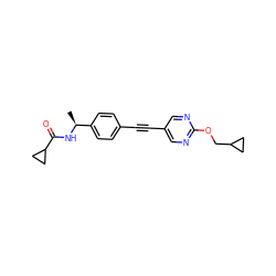 C[C@H](NC(=O)C1CC1)c1ccc(C#Cc2cnc(OCC3CC3)nc2)cc1 ZINC000142356311