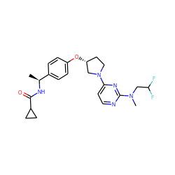 C[C@H](NC(=O)C1CC1)c1ccc(O[C@@H]2CCN(c3ccnc(N(C)CC(F)F)n3)C2)cc1 ZINC000261156241