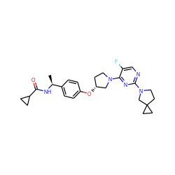 C[C@H](NC(=O)C1CC1)c1ccc(O[C@@H]2CCN(c3nc(N4CCC5(CC5)C4)ncc3F)C2)cc1 ZINC000261173540