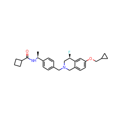 C[C@H](NC(=O)C1CCC1)c1ccc(CN2Cc3ccc(OCC4CC4)cc3[C@H](F)C2)cc1 ZINC001772578915