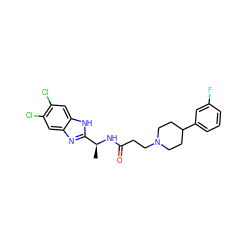 C[C@H](NC(=O)CCN1CCC(c2cccc(F)c2)CC1)c1nc2cc(Cl)c(Cl)cc2[nH]1 ZINC000073198043