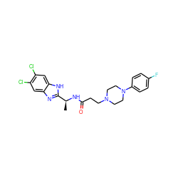 C[C@H](NC(=O)CCN1CCN(c2ccc(F)cc2)CC1)c1nc2cc(Cl)c(Cl)cc2[nH]1 ZINC000082153589