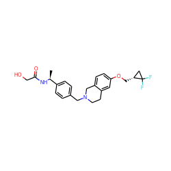 C[C@H](NC(=O)CO)c1ccc(CN2CCc3cc(OC[C@@H]4CC4(F)F)ccc3C2)cc1 ZINC001772644151