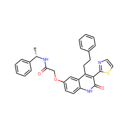 C[C@H](NC(=O)COc1ccc2[nH]c(=O)c(-c3nccs3)c(CCc3ccccc3)c2c1)c1ccccc1 ZINC000064550042