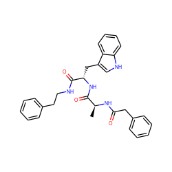 C[C@H](NC(=O)Cc1ccccc1)C(=O)N[C@@H](Cc1c[nH]c2ccccc12)C(=O)NCCc1ccccc1 ZINC000029555507