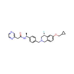 C[C@H](NC(=O)Cc1cnccn1)c1ccc(CN2Cc3ccc(OCC4CC4)cc3[C@@H](F)C2)cc1 ZINC001772633784