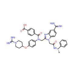 C[C@H](NC(=O)Cn1c(CN(C(=O)c2ccc(C(=O)O)cc2)c2ccc(OC3CCN(C(=N)N)CC3)cc2)nc2cc(C(=N)N)ccc21)c1ccccc1 ZINC000084730956