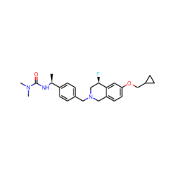 C[C@H](NC(=O)N(C)C)c1ccc(CN2Cc3ccc(OCC4CC4)cc3[C@H](F)C2)cc1 ZINC001772642224