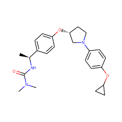 C[C@H](NC(=O)N(C)C)c1ccc(O[C@@H]2CCN(c3ccc(OC4CC4)cc3)C2)cc1 ZINC001772622922