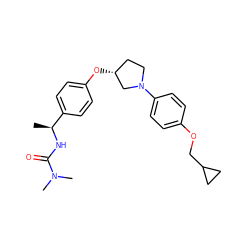 C[C@H](NC(=O)N(C)C)c1ccc(O[C@@H]2CCN(c3ccc(OCC4CC4)cc3)C2)cc1 ZINC000209126767