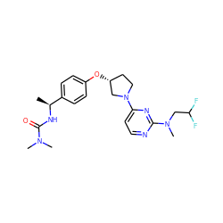 C[C@H](NC(=O)N(C)C)c1ccc(O[C@@H]2CCN(c3ccnc(N(C)CC(F)F)n3)C2)cc1 ZINC000261148907