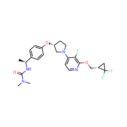 C[C@H](NC(=O)N(C)C)c1ccc(O[C@@H]2CCN(c3ccnc(OC[C@@H]4CC4(F)F)c3F)C2)cc1 ZINC000169709726