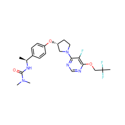 C[C@H](NC(=O)N(C)C)c1ccc(O[C@@H]2CCN(c3ncnc(OCC(C)(F)F)c3F)C2)cc1 ZINC000261099343