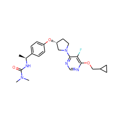 C[C@H](NC(=O)N(C)C)c1ccc(O[C@@H]2CCN(c3ncnc(OCC4CC4)c3F)C2)cc1 ZINC000221187193