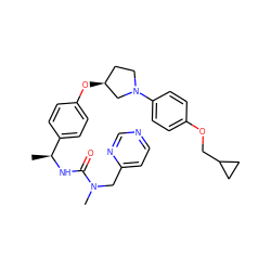 C[C@H](NC(=O)N(C)Cc1ccncn1)c1ccc(O[C@H]2CCN(c3ccc(OCC4CC4)cc3)C2)cc1 ZINC001772619318