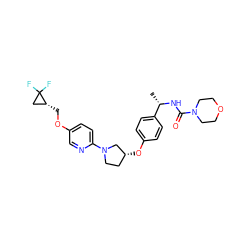 C[C@H](NC(=O)N1CCOCC1)c1ccc(O[C@@H]2CCN(c3ccc(OC[C@@H]4CC4(F)F)cn3)C2)cc1 ZINC000169709668