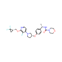 C[C@H](NC(=O)N1CCOCC1)c1ccc(O[C@@H]2CCN(c3ccnc(OC[C@@H]4CC4(F)F)c3F)C2)cc1 ZINC000169709728