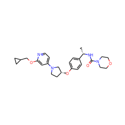 C[C@H](NC(=O)N1CCOCC1)c1ccc(O[C@@H]2CCN(c3ccnc(OCC4CC4)c3)C2)cc1 ZINC000169709672