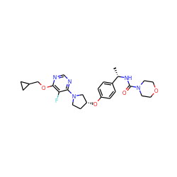 C[C@H](NC(=O)N1CCOCC1)c1ccc(O[C@@H]2CCN(c3ncnc(OCC4CC4)c3F)C2)cc1 ZINC000261192955