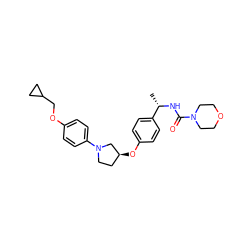 C[C@H](NC(=O)N1CCOCC1)c1ccc(O[C@H]2CCN(c3ccc(OCC4CC4)cc3)C2)cc1 ZINC001772603716