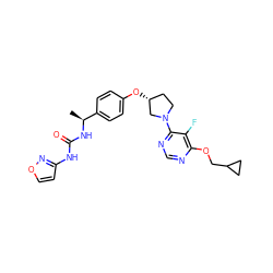 C[C@H](NC(=O)Nc1ccon1)c1ccc(O[C@@H]2CCN(c3ncnc(OCC4CC4)c3F)C2)cc1 ZINC000261137267