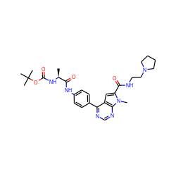 C[C@H](NC(=O)OC(C)(C)C)C(=O)Nc1ccc(-c2ncnc3c2cc(C(=O)NCCN2CCCC2)n3C)cc1 ZINC000653844202