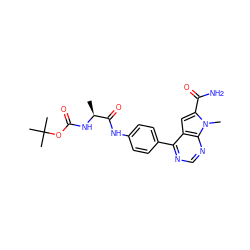 C[C@H](NC(=O)OC(C)(C)C)C(=O)Nc1ccc(-c2ncnc3c2cc(C(N)=O)n3C)cc1 ZINC000653850024