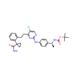 C[C@H](NC(=O)OC(C)(C)C)c1ccc(Nc2ncc(Cl)c(CCc3ccccc3C3(C(N)=O)CC3)n2)cc1 ZINC000211098971