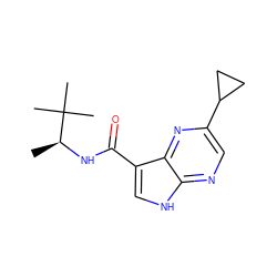 C[C@H](NC(=O)c1c[nH]c2ncc(C3CC3)nc12)C(C)(C)C ZINC000095585255