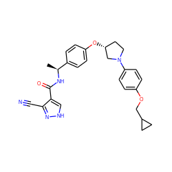 C[C@H](NC(=O)c1c[nH]nc1C#N)c1ccc(O[C@@H]2CCN(c3ccc(OCC4CC4)cc3)C2)cc1 ZINC001772639845