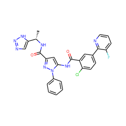 C[C@H](NC(=O)c1cc(NC(=O)c2cc(-c3ncccc3F)ccc2Cl)n(-c2ccccc2)n1)c1cnn[nH]1 ZINC001772608353