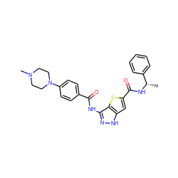 C[C@H](NC(=O)c1cc2[nH]nc(NC(=O)c3ccc(N4CCN(C)CC4)cc3)c2s1)c1ccccc1 ZINC000036473702