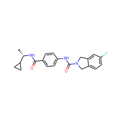 C[C@H](NC(=O)c1ccc(NC(=O)N2Cc3ccc(F)cc3C2)cc1)C1CC1 ZINC000167573953