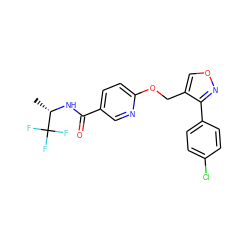 C[C@H](NC(=O)c1ccc(OCc2conc2-c2ccc(Cl)cc2)nc1)C(F)(F)F ZINC000143598760