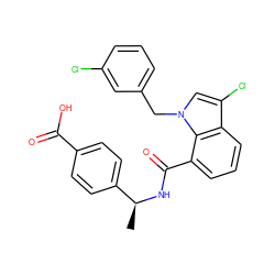 C[C@H](NC(=O)c1cccc2c(Cl)cn(Cc3cccc(Cl)c3)c12)c1ccc(C(=O)O)cc1 ZINC000049046029