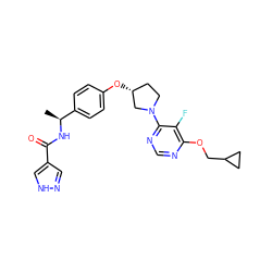 C[C@H](NC(=O)c1cn[nH]c1)c1ccc(O[C@@H]2CCN(c3ncnc(OCC4CC4)c3F)C2)cc1 ZINC000261072723