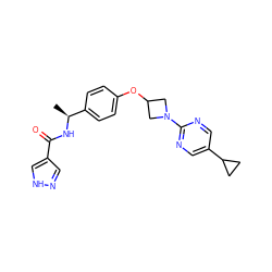 C[C@H](NC(=O)c1cn[nH]c1)c1ccc(OC2CN(c3ncc(C4CC4)cn3)C2)cc1 ZINC000142315337