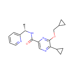 C[C@H](NC(=O)c1cnc(C2CC2)c(OCC2CC2)n1)c1ccccn1 ZINC000207371721