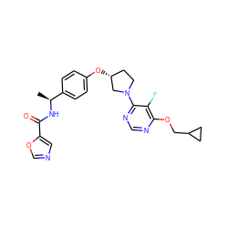 C[C@H](NC(=O)c1cnco1)c1ccc(O[C@@H]2CCN(c3ncnc(OCC4CC4)c3F)C2)cc1 ZINC000221229486