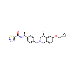 C[C@H](NC(=O)c1cncs1)c1ccc(CN2Cc3ccc(OCC4CC4)cc3[C@H](F)C2)cc1 ZINC001772652920