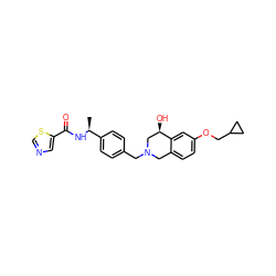 C[C@H](NC(=O)c1cncs1)c1ccc(CN2Cc3ccc(OCC4CC4)cc3[C@H](O)C2)cc1 ZINC001772647142