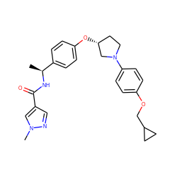 C[C@H](NC(=O)c1cnn(C)c1)c1ccc(O[C@@H]2CCN(c3ccc(OCC4CC4)cc3)C2)cc1 ZINC001772612367