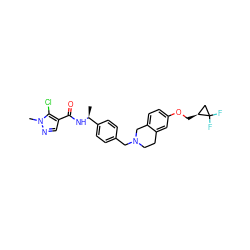 C[C@H](NC(=O)c1cnn(C)c1Cl)c1ccc(CN2CCc3cc(OC[C@H]4CC4(F)F)ccc3C2)cc1 ZINC001772616269