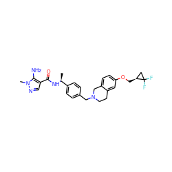 C[C@H](NC(=O)c1cnn(C)c1N)c1ccc(CN2CCc3cc(OC[C@H]4CC4(F)F)ccc3C2)cc1 ZINC001772636670