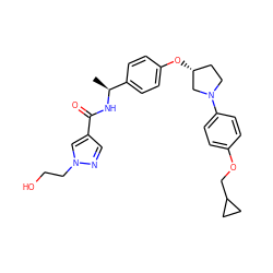 C[C@H](NC(=O)c1cnn(CCO)c1)c1ccc(O[C@@H]2CCN(c3ccc(OCC4CC4)cc3)C2)cc1 ZINC001772641559