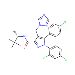 C[C@H](NC(=O)c1nn(-c2ccc(Cl)cc2Cl)c(-c2ccc(Cl)cc2)c1Cn1cncn1)C(C)(C)C ZINC000049766527