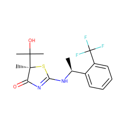 C[C@H](NC1=NC(=O)[C@@](C)(C(C)(C)O)S1)c1ccccc1C(F)(F)F ZINC000040848957