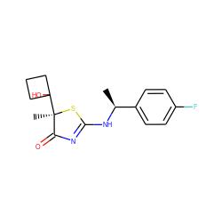 C[C@H](NC1=NC(=O)[C@@](C)(C2(O)CCC2)S1)c1ccc(F)cc1 ZINC000040392294